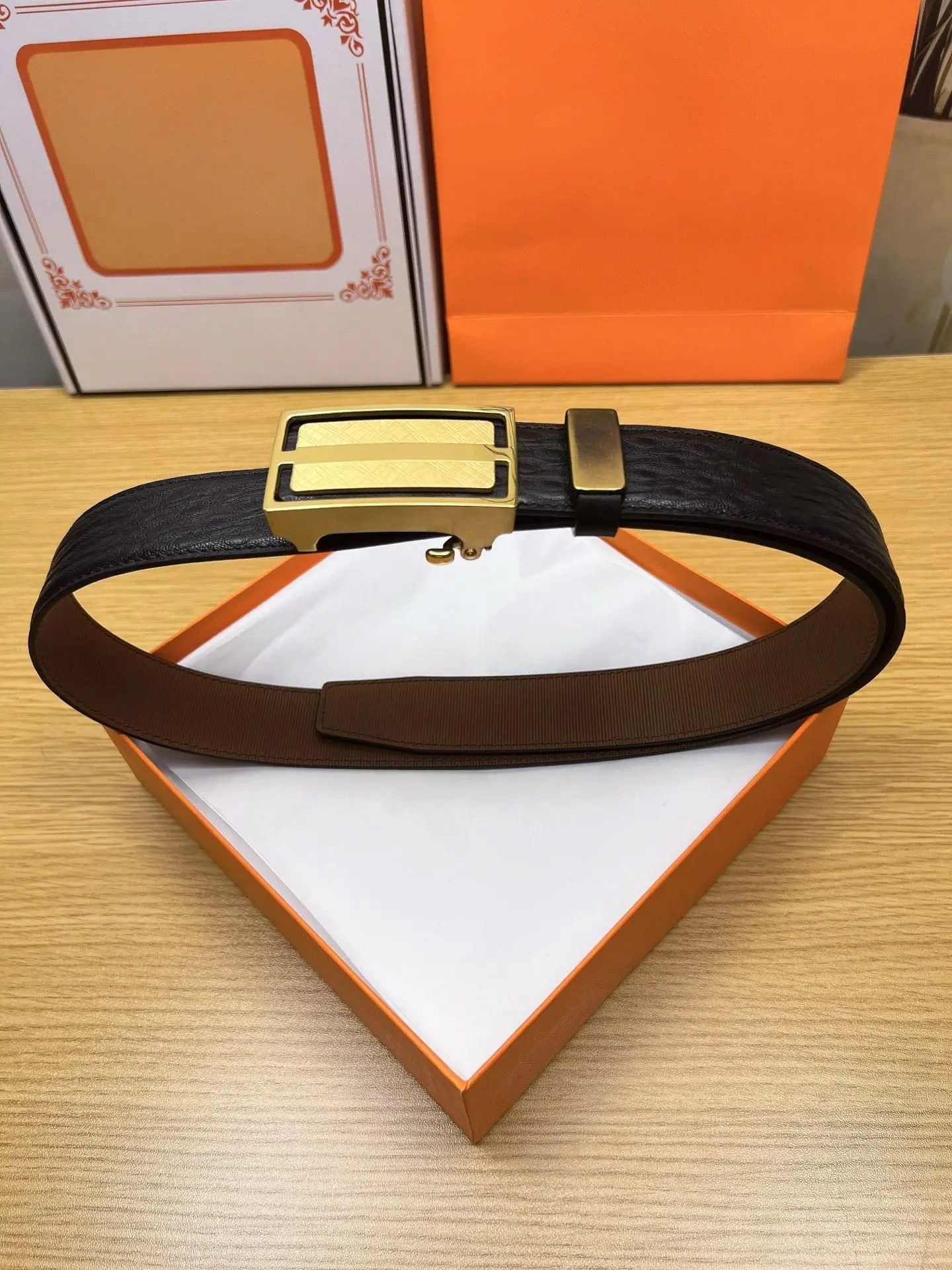 Men Reversible Leather Belt, Black Pebbled Grain & Brown Inner, Gold Tone Automatic Slide Buckle, Business Cowhide Waist Belt