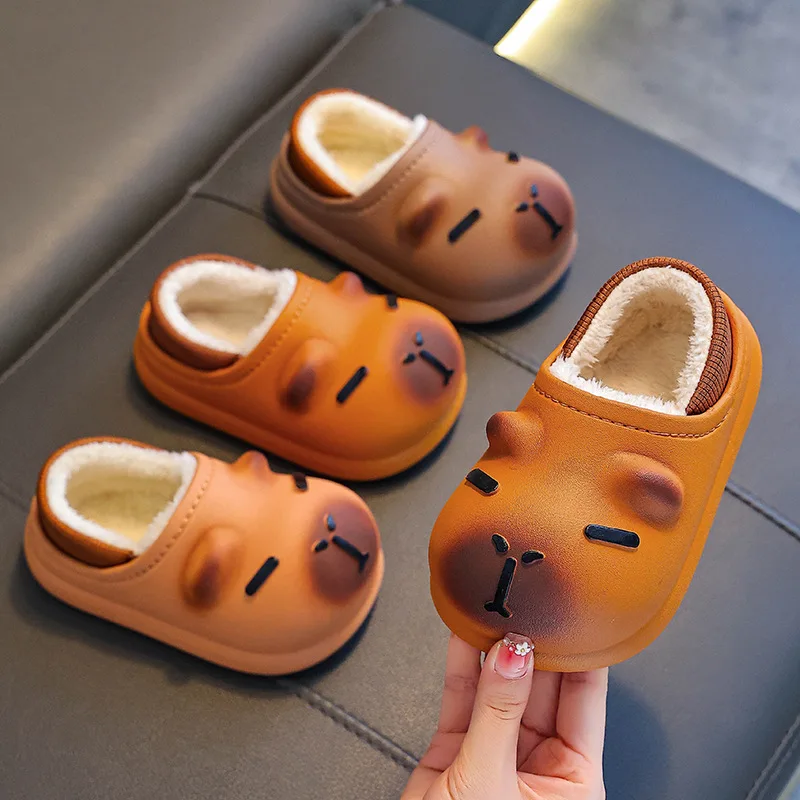 Children's Cartoon Capybara Fleece Lined Slippers Winter Cute Baby Waterproof Warm Non-slip House Shoes Boys Girls Cotton Shoes