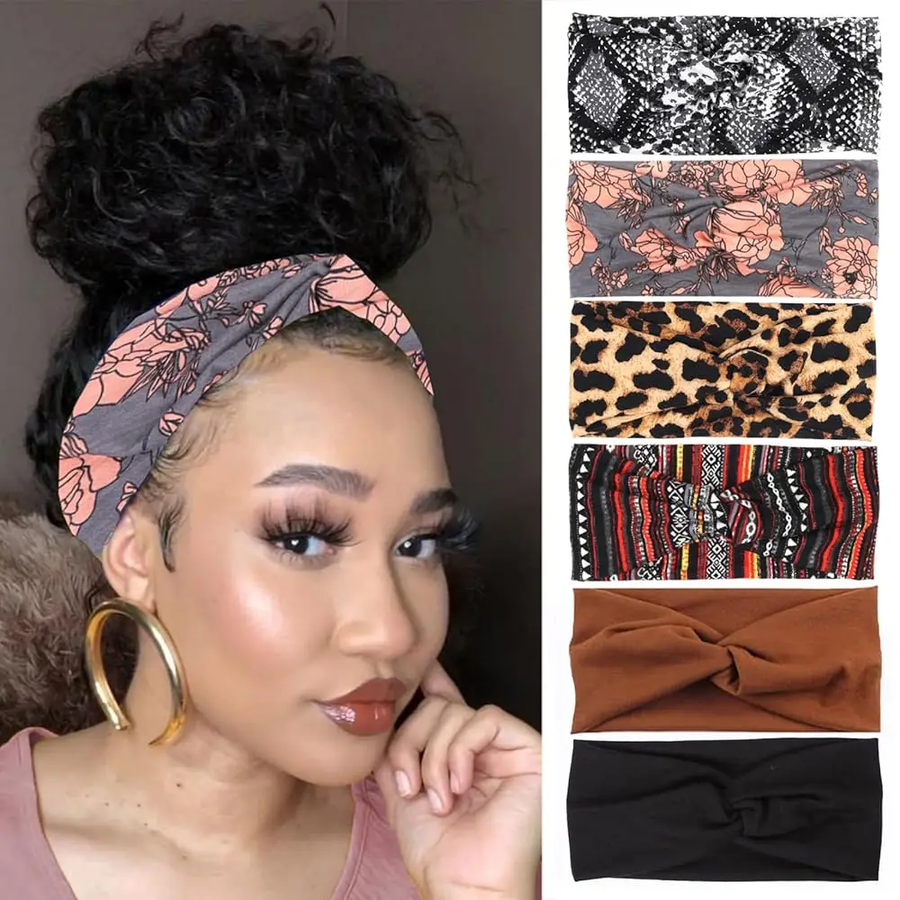 

XTREND 6 Pcs Women's Headbands Twisted Cross Elastic Head Bands Yoga Workout Headband Non-Slip Sweat Soft Headbands Solid Col