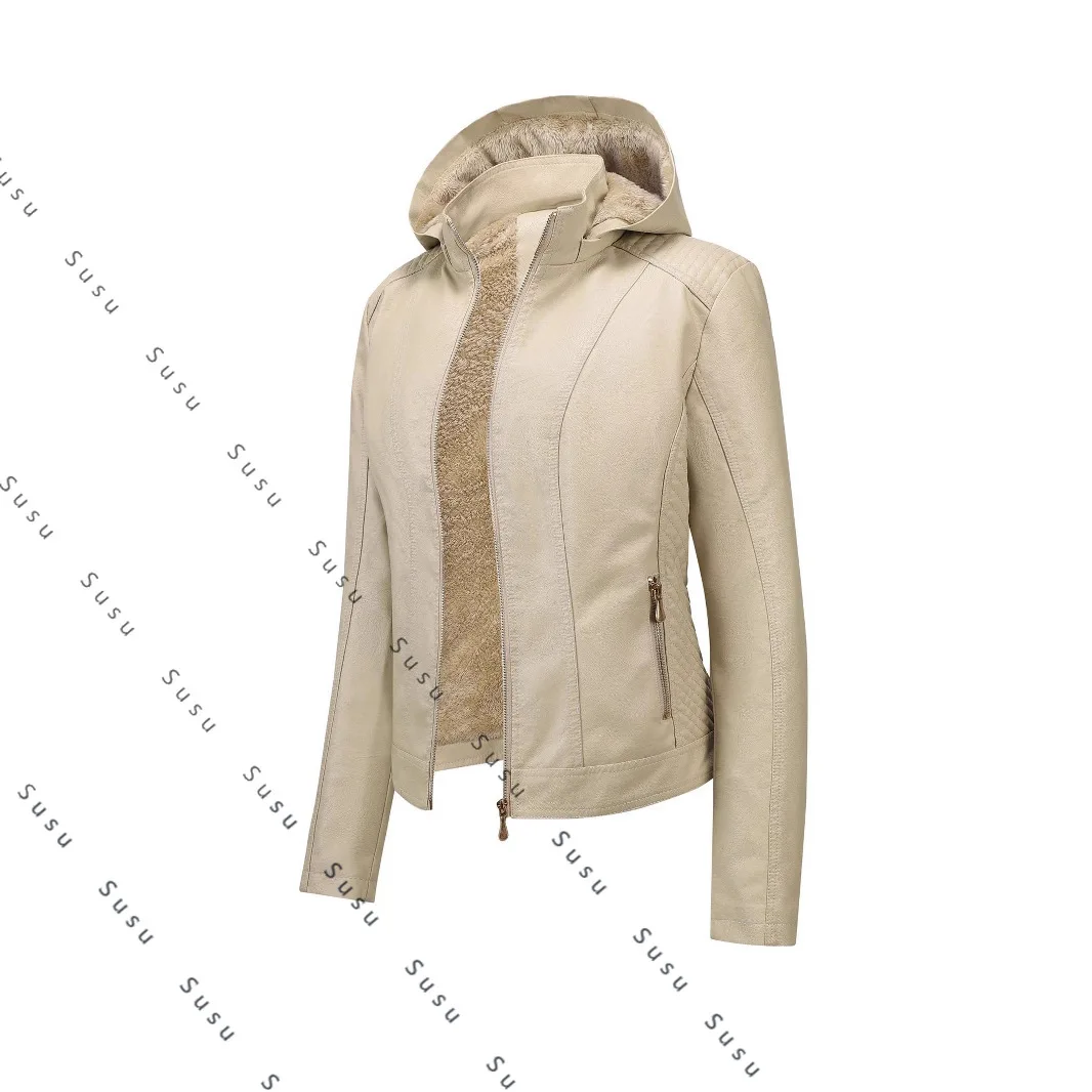 

2025 new velvet women's leather slim women's coat hooded women's leather jacket autumn and winter