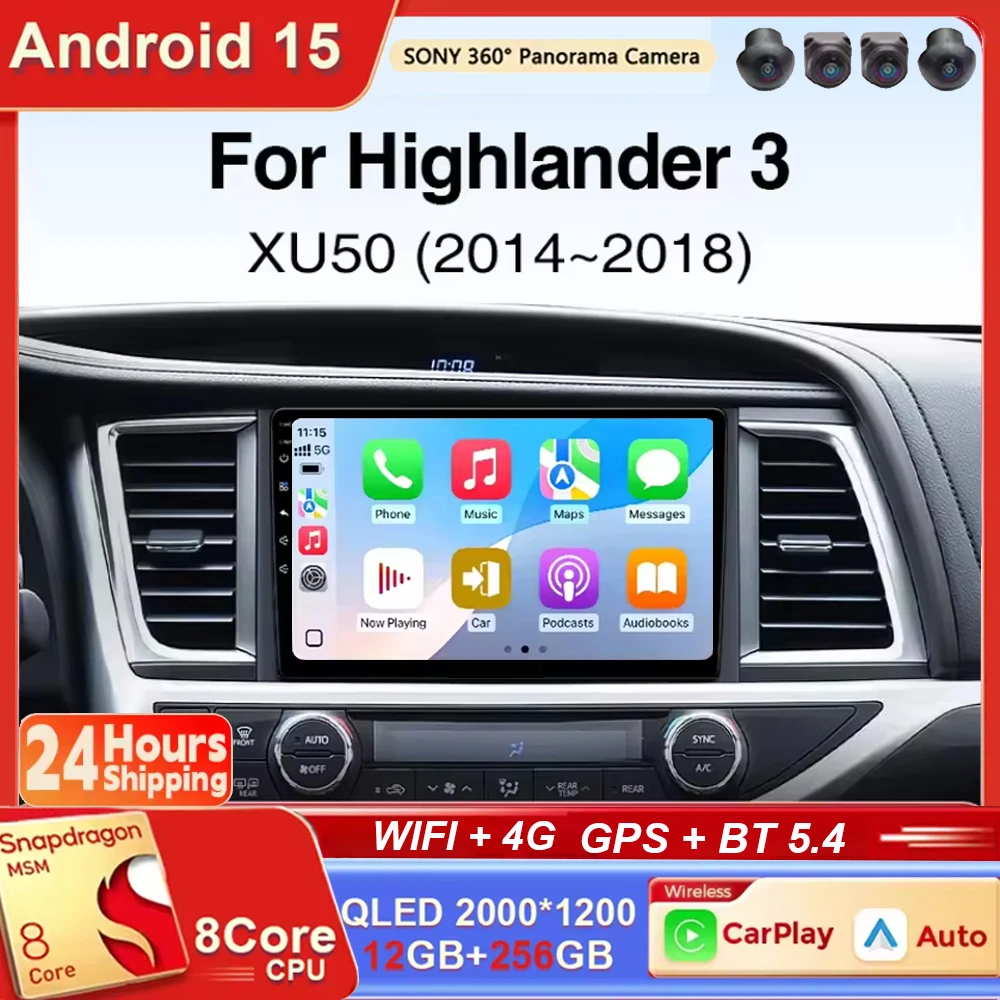 

For Toyota Highlander 2014 2015 2016 2017 2018 2019 XU50 Android 15 Carplay Auto GPS Navigation Radio Multimedia Player 2Din Hea