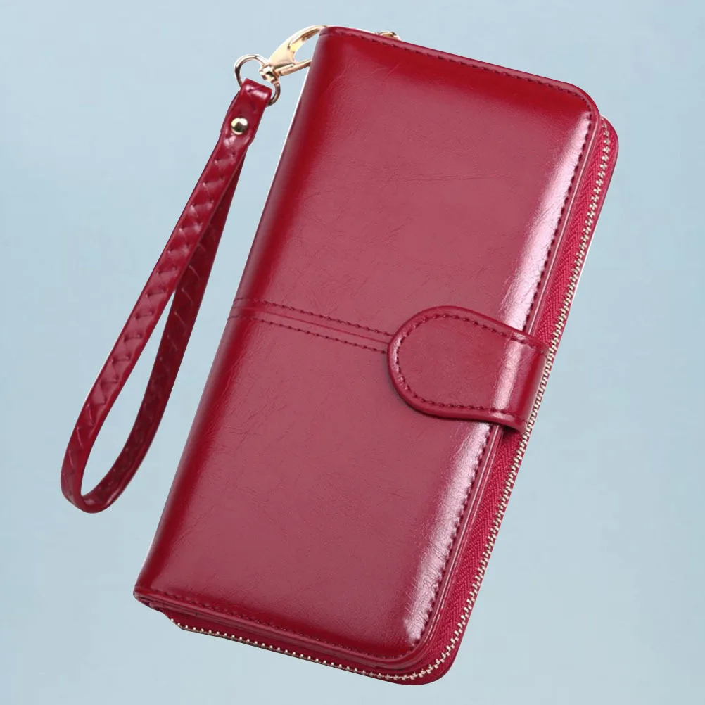 

Oil Wax PU Long Wallet Zipper Snap Closure Purse Portable Pack Wine Long Wallet Coin Purse Wrist Strap