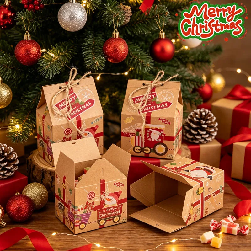 10-80PCS Christmas Kraft Paper House Shaped Candy Box Novelty Gift Container for Holiday Wedding Home Table Celebration Decor