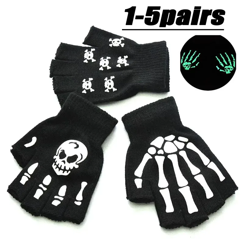 1-5 pares de guantes luminosos, suministros de invierno para Halloween para niños, manos cálidas, guantes con cara de calavera, guantes cálidos antideslizantes de terror