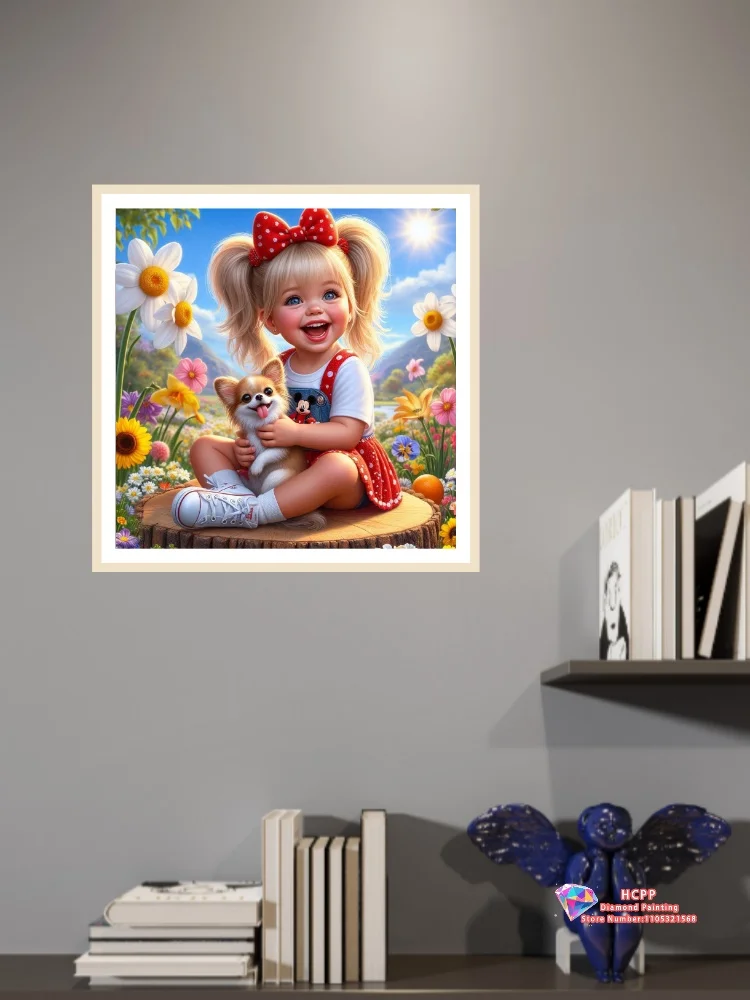Soft Cut Little Girl with Cat and Dog Diamond Painting Kit Square Round Diamond 5D DIY Mosaic Handmade Art Gift Home Decor
