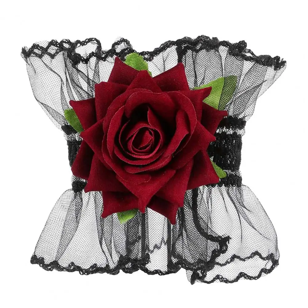Faux Silk Rose Wristlets Lace Wrist Gloves Lace Fingerless Gloves Rose Flower Wrist Cuffs Elastic Short Hand Sleeves for Women