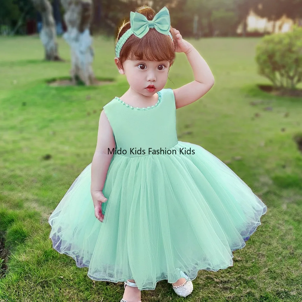 Children's and girls' dress with beaded backless bow sleeveless dress, dress with headwear and gauze hem 70-120cm