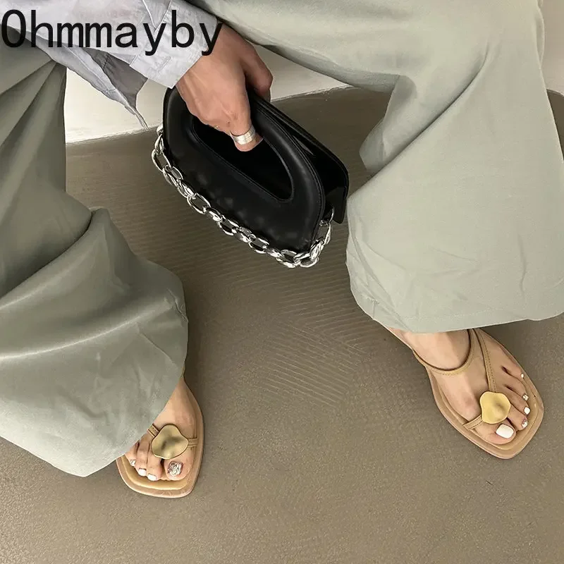 여성용 좁은 밴드 슬리퍼, 금속 장식, 로우힐 슬립온, 우아한 슬라이드, 캐주얼 야외 비치 플립 플롭, 여름 패션