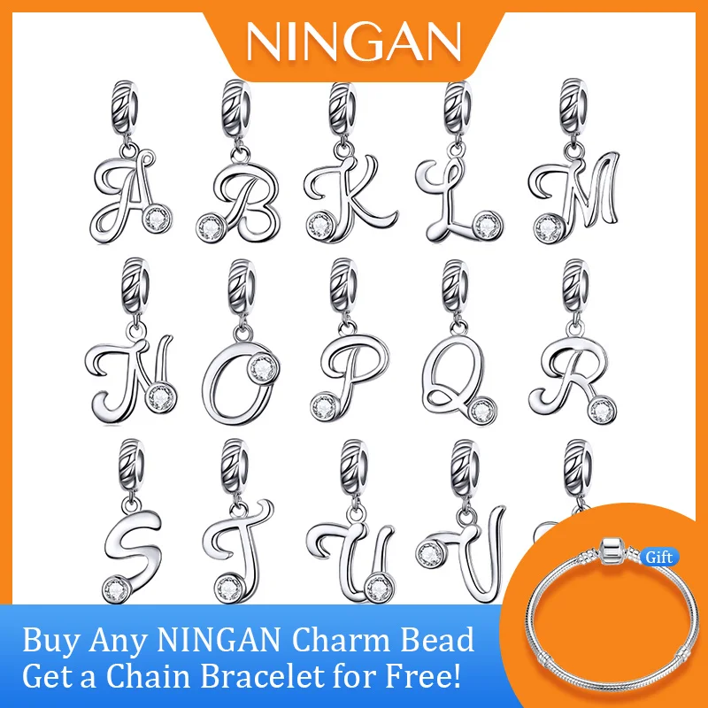 

NINGAN Alphabet Series Charms Sterling Silver 925 Pendant for Women Bracelet A-Z Letter Diy Necklace Making