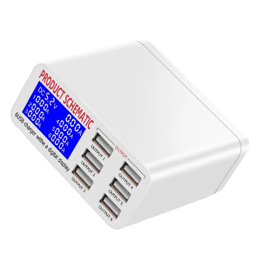 

Зарядная станция USB на 6 портов с ЖК-дисплеем, автоматическим регулированием напряжения, совместимая с несколькими устройствами, безопасная, белая, для путешествий