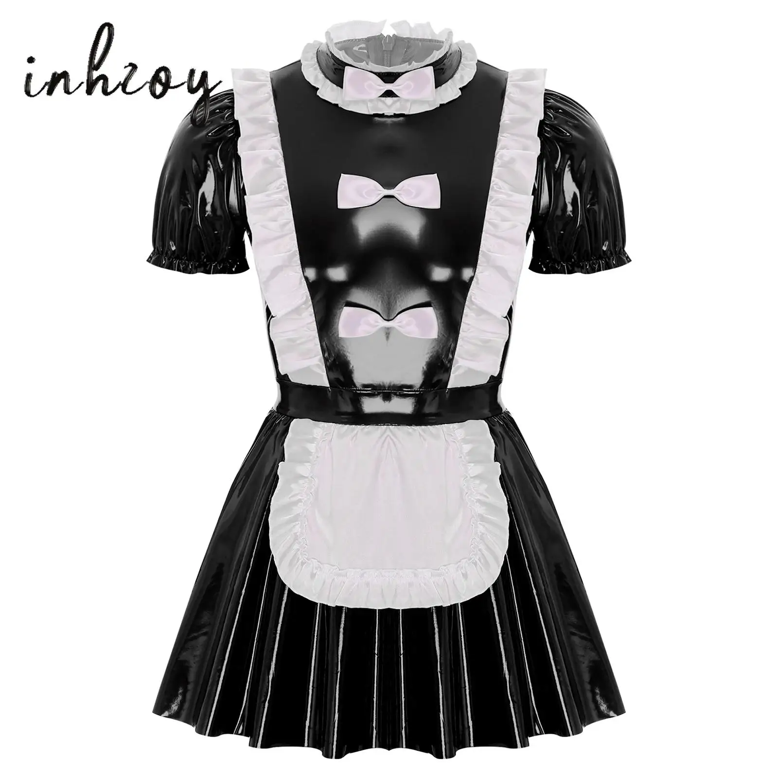 

Mens Sissy Lolita Maid Costume Outfits PVC Leather Ruffle Lace Trim Crossdrssing Dresses with Apron Maidservant Fancy Uniform