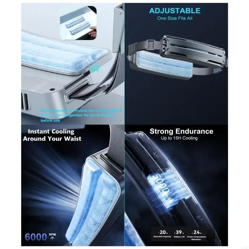 F92F مروحة الخصر المبتكرة مع لوحات تبريد مزدوجة قابلة لإعادة الشحن مروحة قوية تدفقات الهواء