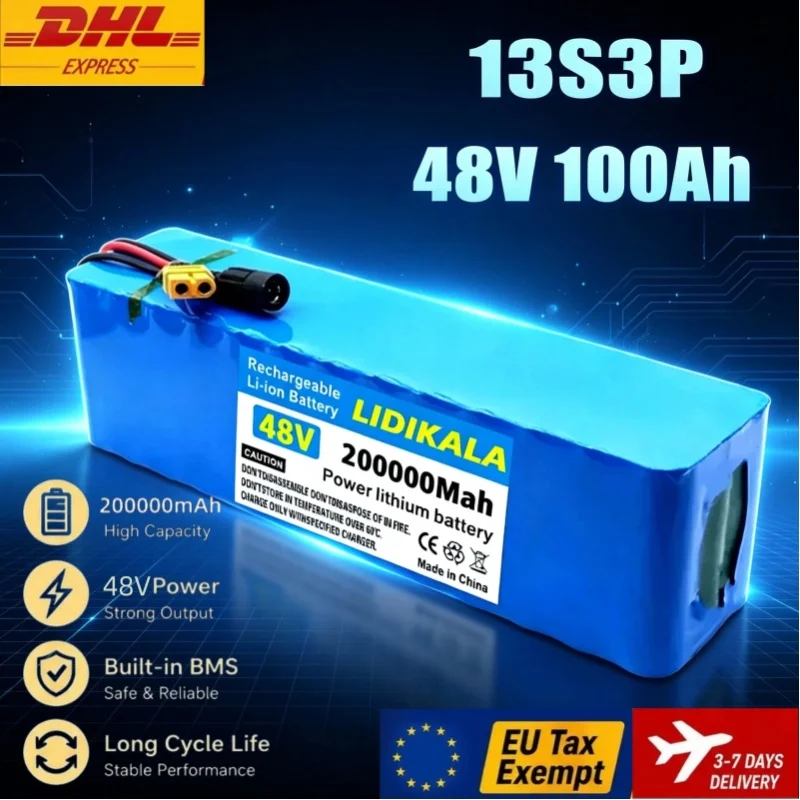 48V 200000mAh 13S3P Lithium-Ionen-Akku mit integriertem BMS, hohe Kapazität, 48V 100Ah wiederaufladbarer Li-Ionen-Akku für Elektrofahrräder, Roller, E-Bikes, Golfcarts