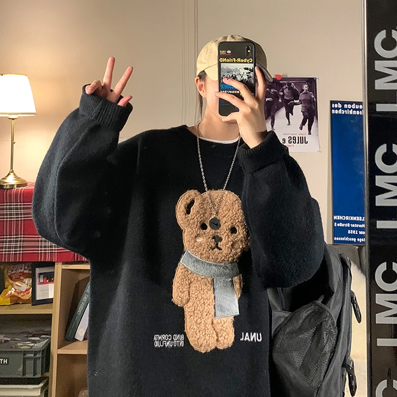 Women Pullovers Winter Jumpers Knitwear Cute Bear Sweater Knitted Harajuku 2021 Round Collar Loose Pullovers Oversized Teens New