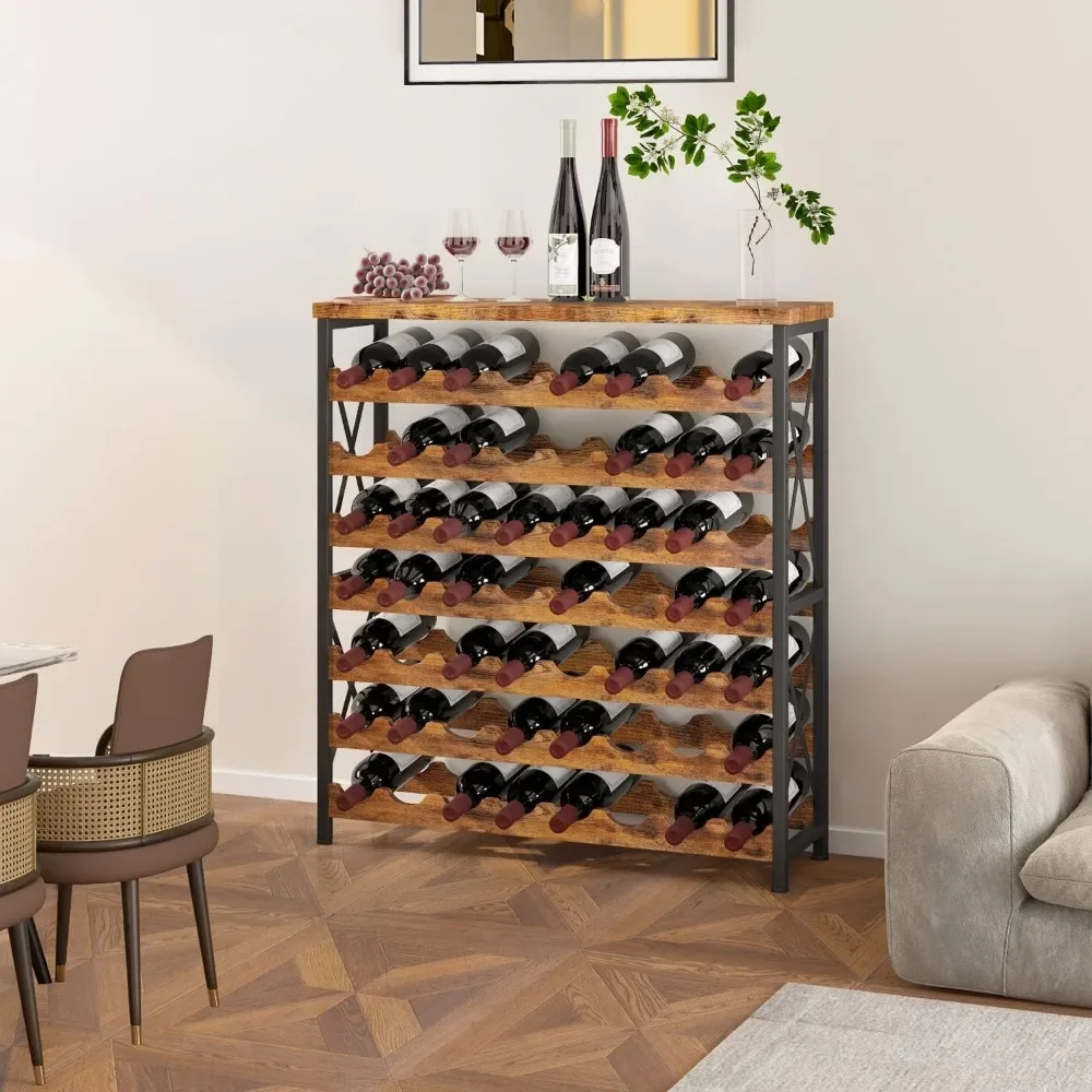 Autoportante Wine Rack com mesa, Prateleira De Armazenamento De Vinho De Madeira, Empilhável Wine Bottle Rack para Sala De Estar, 56 Garrafas