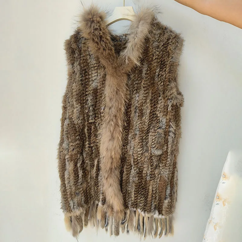 

2025 Hot sale Women Long Hooded Knitted Real Fur Vest With Tassel Fashion Female Genuine Rabbit Fur Gilet Sleeveless Coat