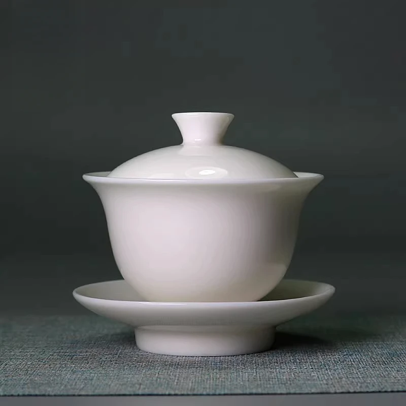 

Goat Jade Porcelain Covered Bowl High-grade White Porcelain Handmade Sancai Bowl Tea Preparation Bowl Ivory Tea Set