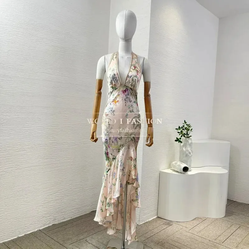 Vestido midi con dobladillo irregular y espalda descubierta con cuello en V profundo Seda sin mangas con estampado floral rosa de alta calidad