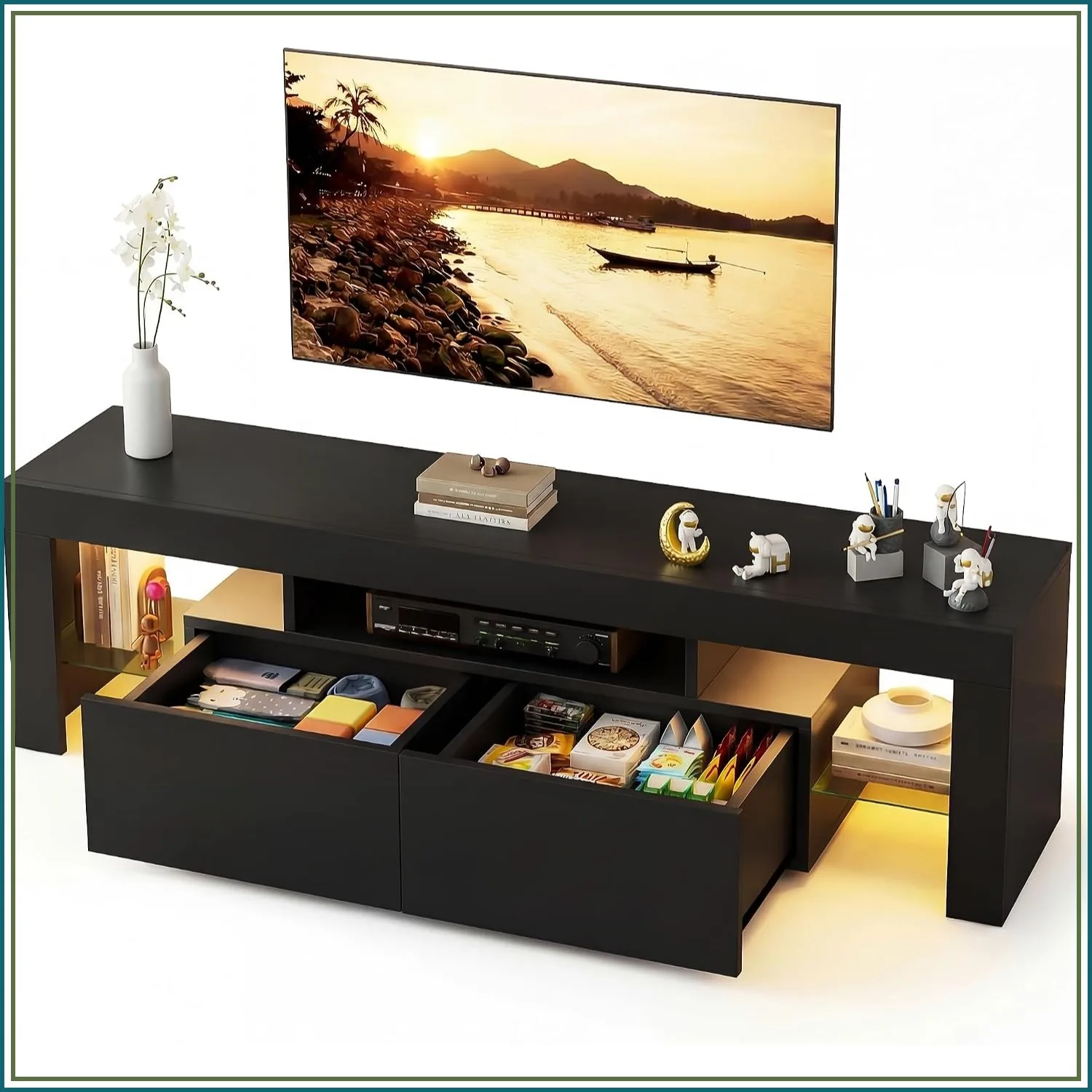 63 Inch LED TV Stand for 70 Inch TV, Modern Entertainment Center, Black