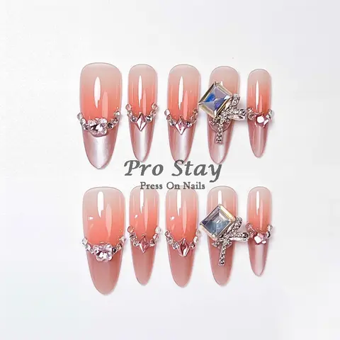 10 st handgjorda press-on naglar lyxiga 3D rosa körsbärs- och hjärta-lösnaglar med diamanter återanvändbara franska söta stil heltäckande tips 10 best sales designer press-on naglar - №10