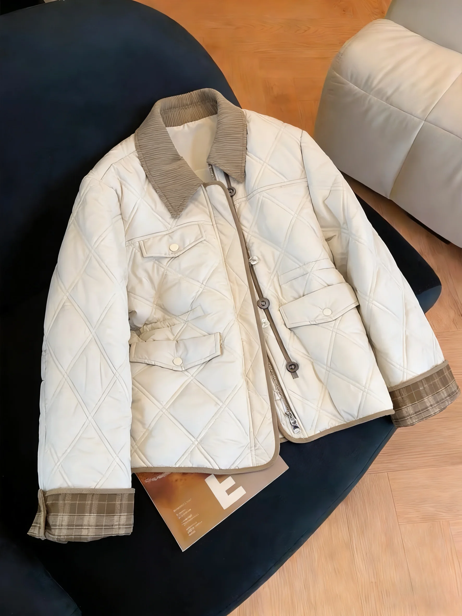 

Свободная куртка унисекс с воротником и ромбовидным узором из хлопка, осенне-зимняя теплая верхняя одежда для повседневной носки, эксклюзивно онлайн