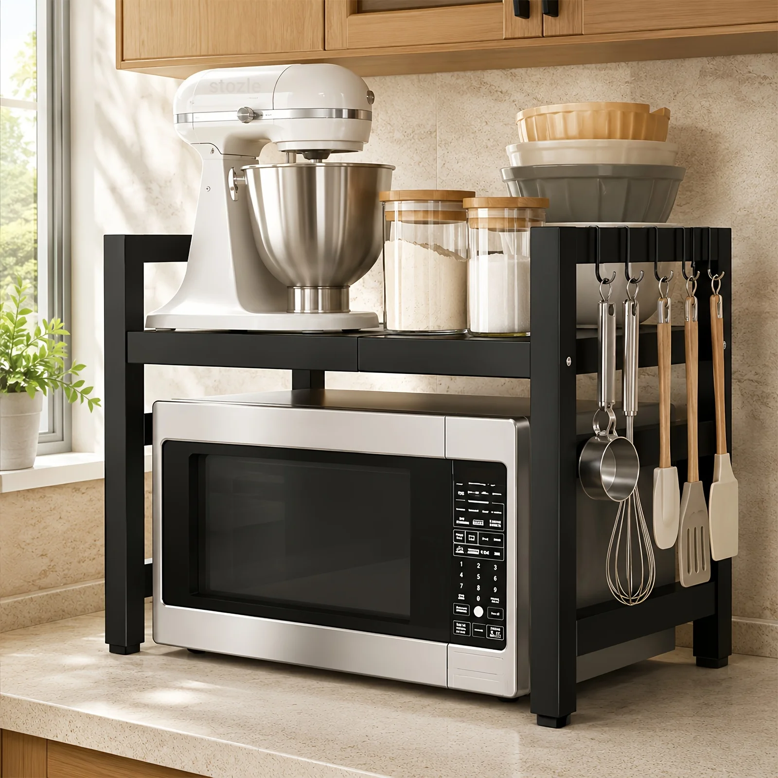 Space-Saving Adjustable Microwave Shelf, Multi-Functional Kitchen Counter Shelf. Thickened Metal, Strong Load Capacity.
