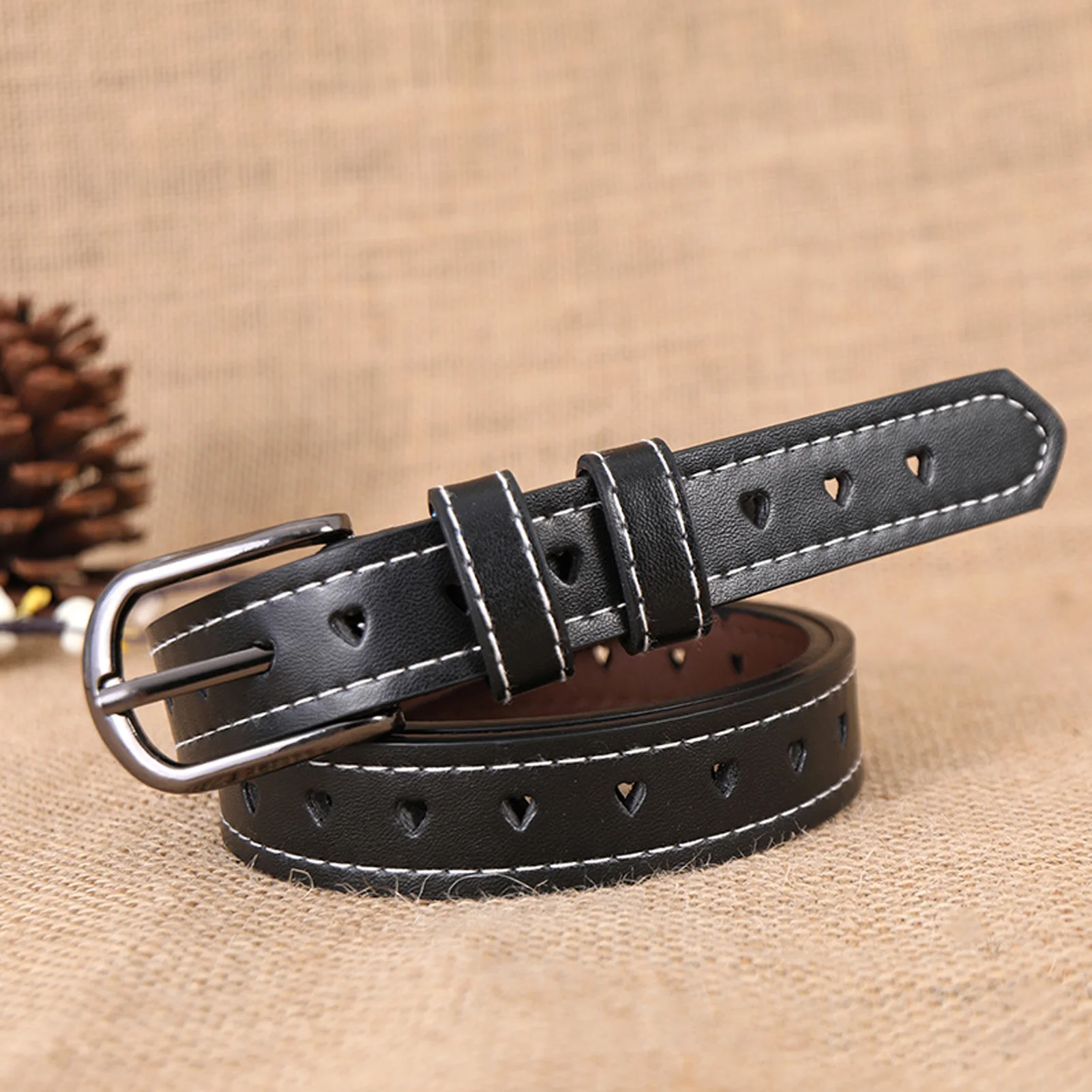 Women's Hollow Out Belt Solid Color Synthetic Leather Perforated Design for Jeans Dresses Daily Casual Wear 110cm