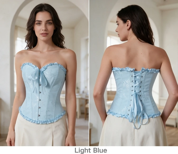 Damen Vintage Jacquard Korsett-Top, trägerlos, mit Rüschen vorne, Busk-Rücken, Schnürung, 20 Farben, für Feiertage, Partys und Abendgarderobe – Detail 9