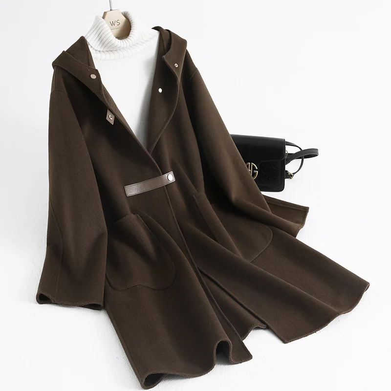 

2023 Double-sided Cashmere Coat Women's Mid Length Autumn/winter Hepburn Style Hooded 100 Pure Wool Fabric Coat