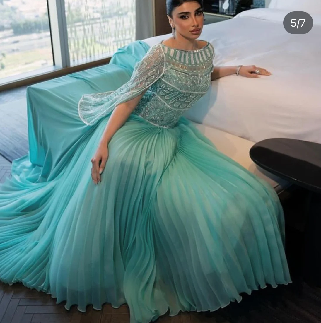 L197 Fashion Green Cape Luxury Beaded Open Back Ruffle A-line  فساتين السهرة vestidos de fiesta  فساتين سهره evening dresses