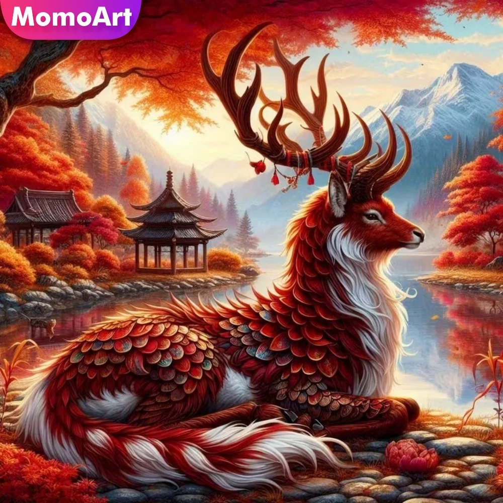 Momoart DIY Diamant-Stickerei Sikahirsch Diamantmalerei Tiermotiv Geeignet für Anfänger Diamant-Mosaik Herbst Handgemachtes Geschenk