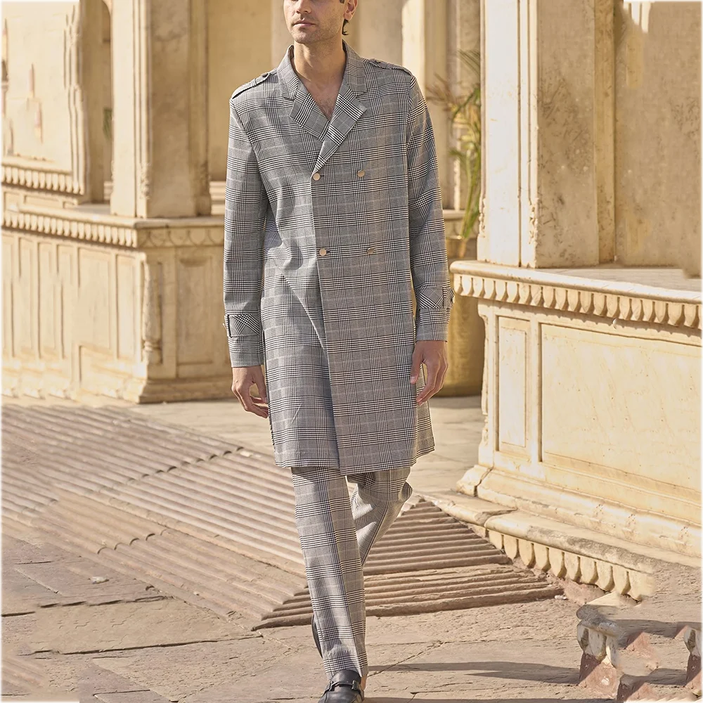 Customized Men's Suits Front Flat Double Breasted Long Jacket Pants Notch Lapel High Street Casual Daily Male Two Pieces