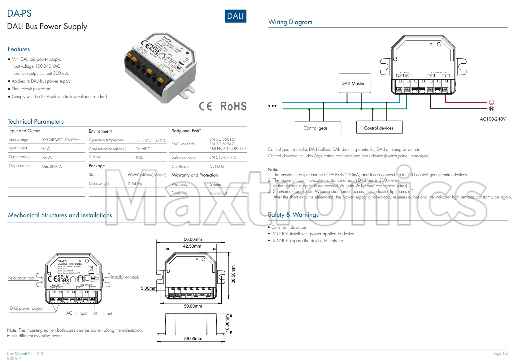 NEW Skydance DA-PS Mini DALI Bus Power Supply. InputVoltage 100-240 VAC, Maximum Output Current 200 mA for Led Strip/LED Modules