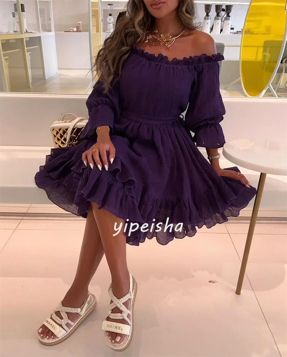 تخصيص تعديل السعر جيرسي كشكش Ruched مساء ألف خط خارج على الكتف مفصل مناسبة ثوب طول الركبة فستان