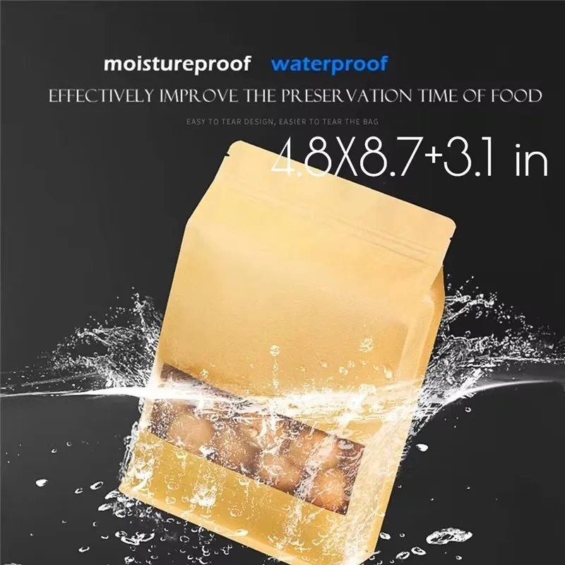 1000Pcs/lot Brown Stand up Paper Window Packaging Bag Snack Cookie Tea Packaging Frosted Window Bag Gift Bags Pouches Wholesale