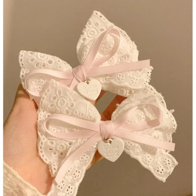 1 par de pinzas para el cabello para niñas, horquilla con lazo de Lolita de corazón rosa de encaje para mujer, accesorios para el cabello, pasadores, tocados