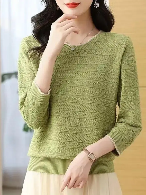 

Spring Autumn Loose Fit Seven Sleeve Knitted T Shirt Women's Fashionable Slimming Thin Base Layer Top Trendy round Neck