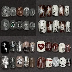 10Pcs Cute Handmade Manicure Short Round Square Shape False Nails Autumn Winter Gradient Artificial Detachable Fake Nails