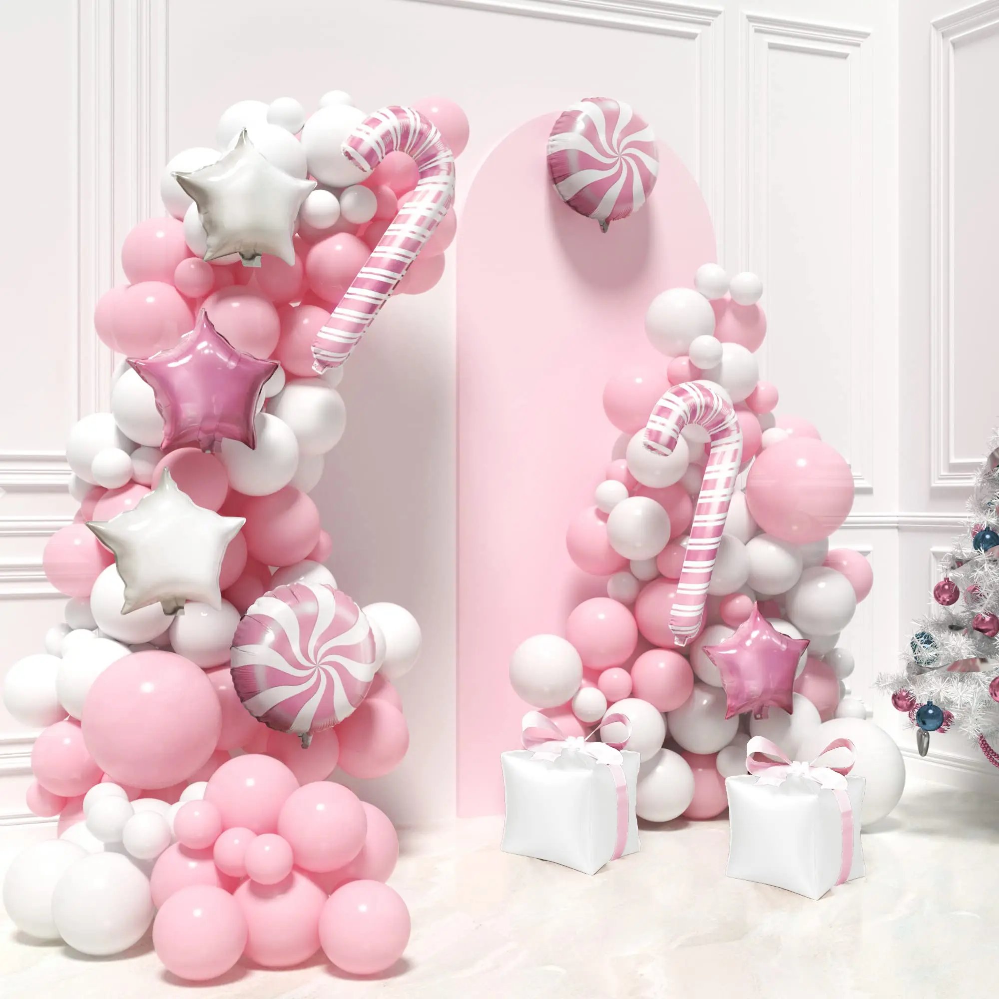 157pcs Pink and White Candy Cane Gift Foil Balloon Garland Arch Set Valentines Day Wedding Birthday Christmas Party Decoration