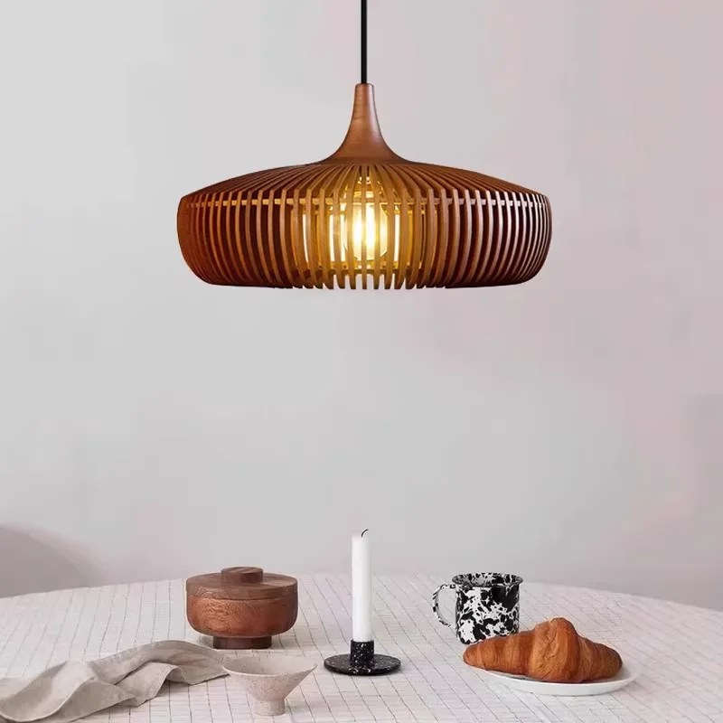 

Nordic Wood Pendant light Danish designer Walnut color wooden chandelier birdcage dining living room kitchen island study lamp