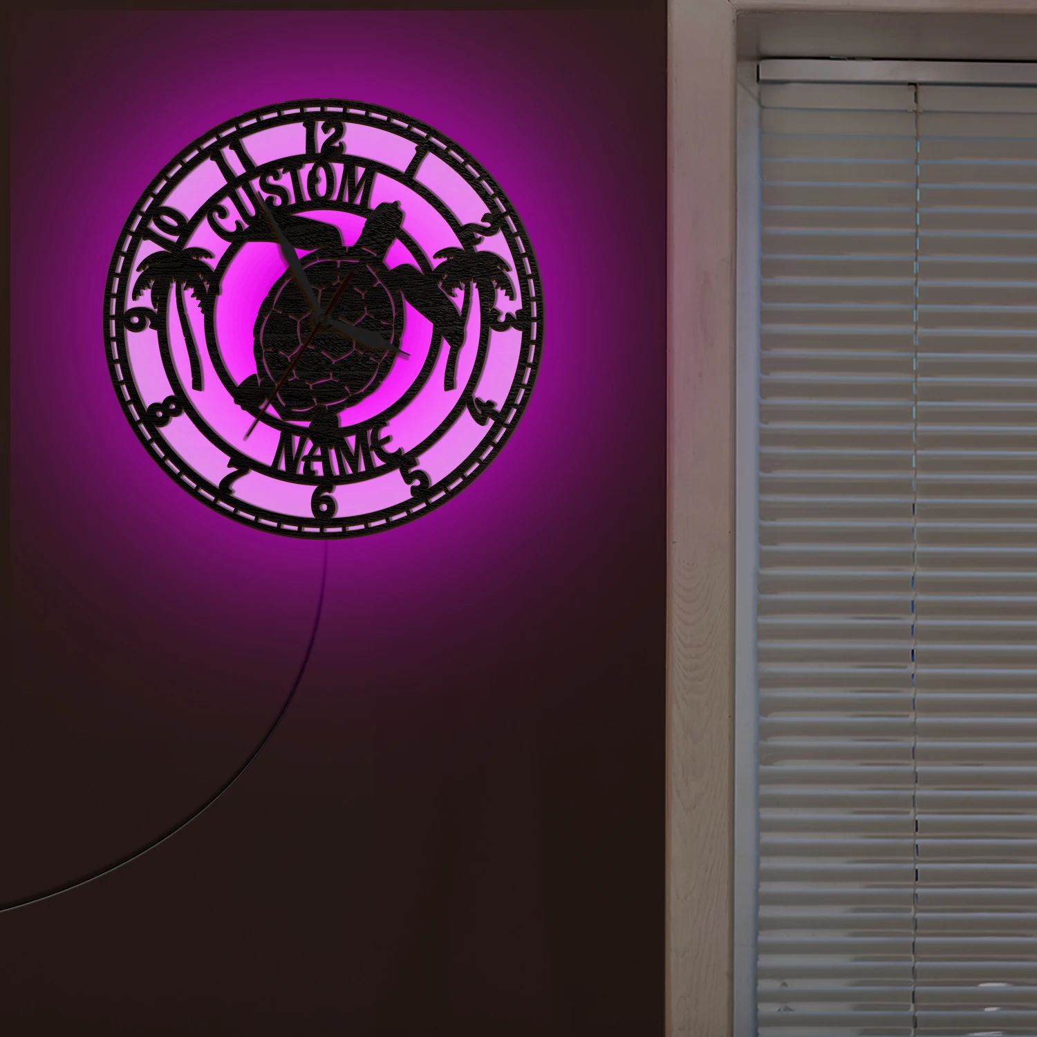 Ocean Sea Turtle Custom Name LED Wall Clock For Nautical Coastal Living Room Color Changing RGB Night Light Wooden Wall Clock