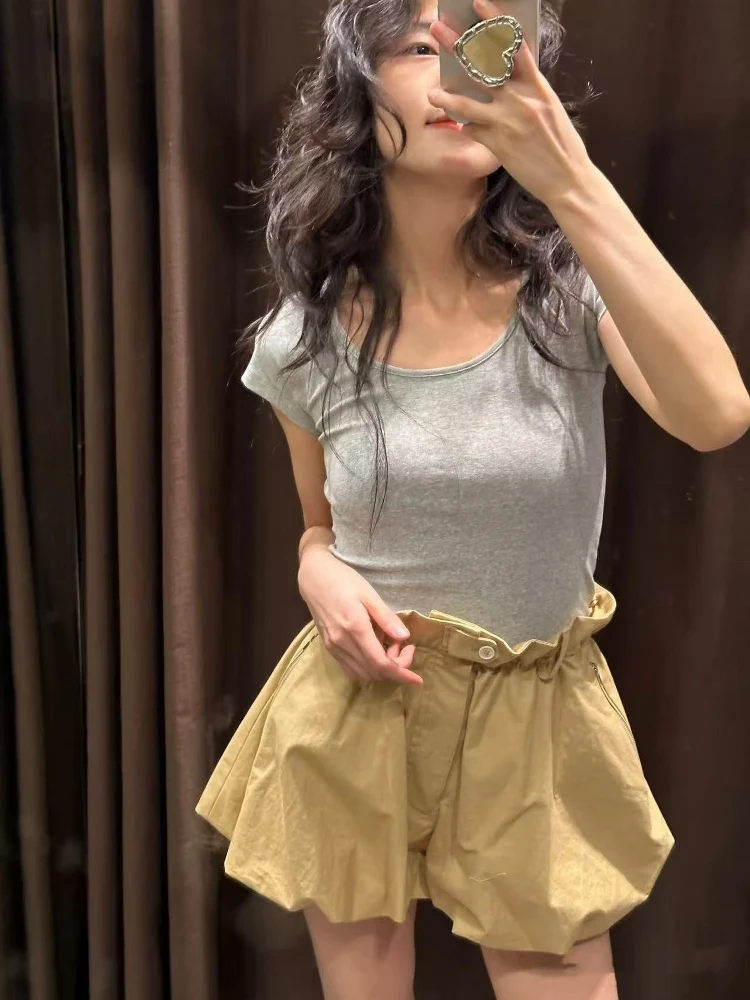 Verano 2025 nuevas mujeres Faionable plisado Casual pierna recta globo pantalones de cintura alta de fibra de poliéster pantalones sueltos ort