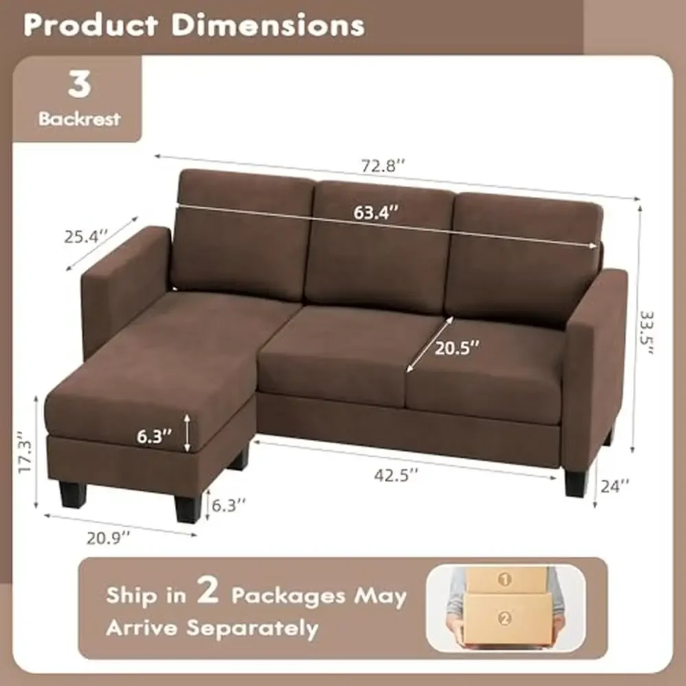 3-Seat L-Shaped Convertible Sofa with Movable Ottoman Natural Wood Frame Linen Fabric Washable Cover Small Apartment Living Room