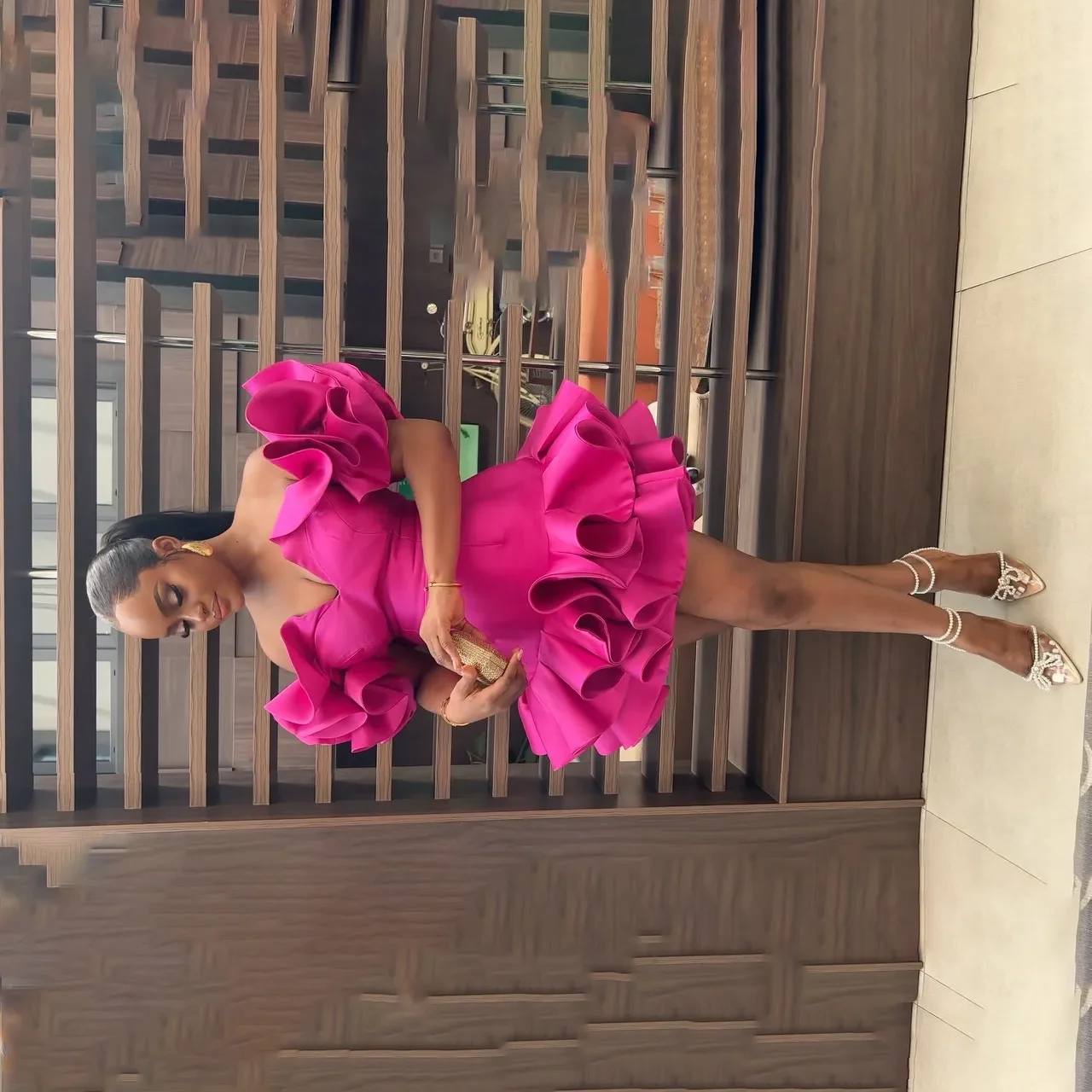 

Fuchsia Prom Dresses With Ruffle Sleeve Evening Formal Party Gowns Ruched Short A line Evening Dress Layered Plus Size