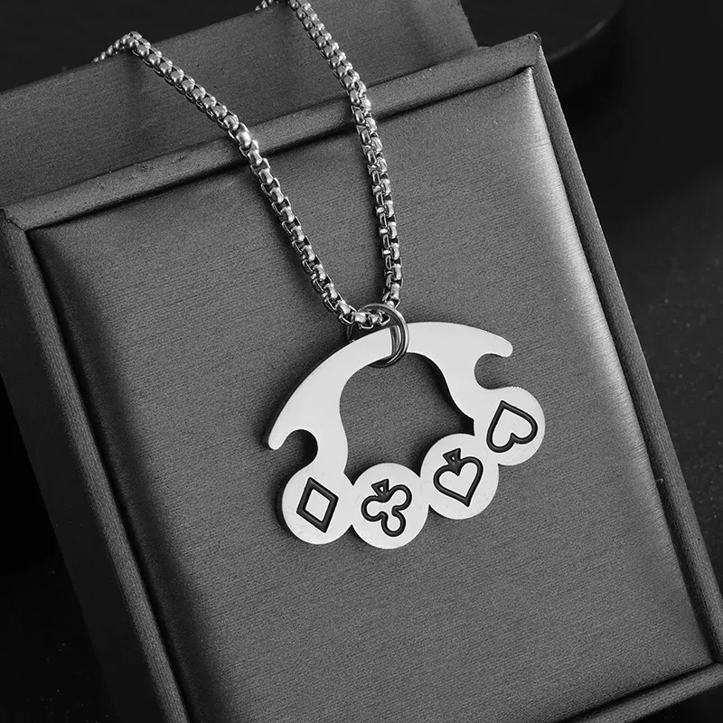 Stainless Steel Geometric Playing Cards Four Finger Boxing Finger Tiger Gloves Necklace Men's Punk Hip Hop Trendy Jewelry