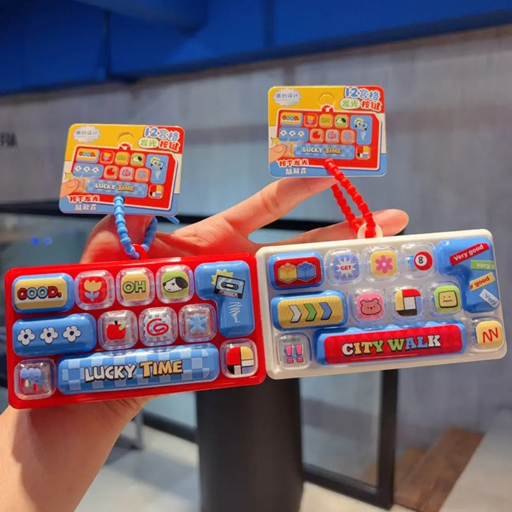 Cartoon 12 Keys Keyboard Keychain Clicker Sound Pressable Keys Fingertip Button Keyring Creative with Lights Sensory Clicker
