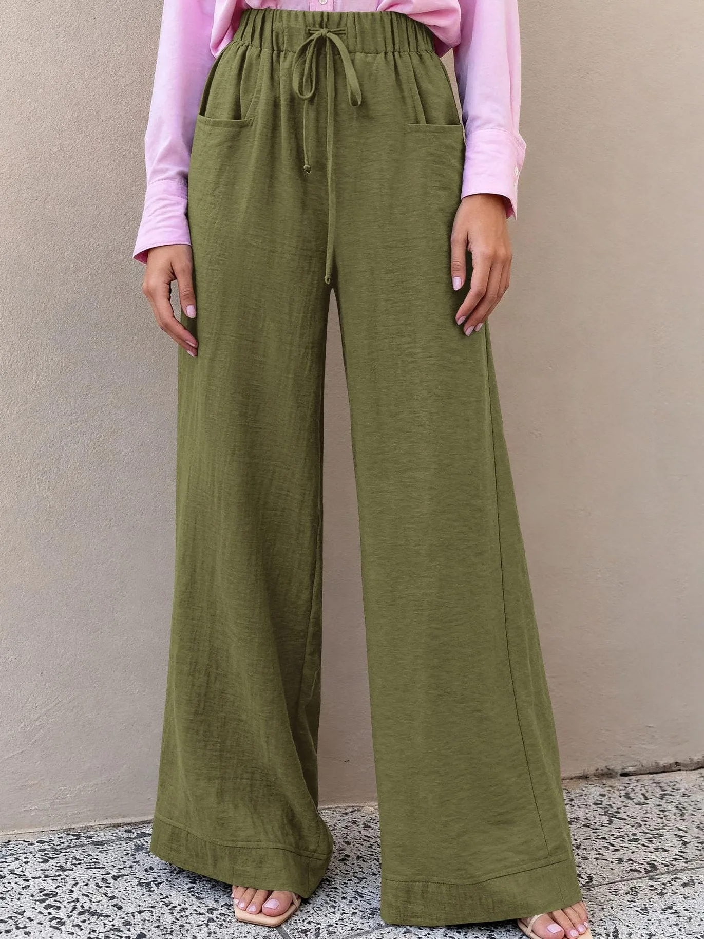 

Women Wide Leg Pants High Waist Drawstring Black Wide Leg Trousers Solid Color Pants Casual Beige Loose Pants Brown Woman