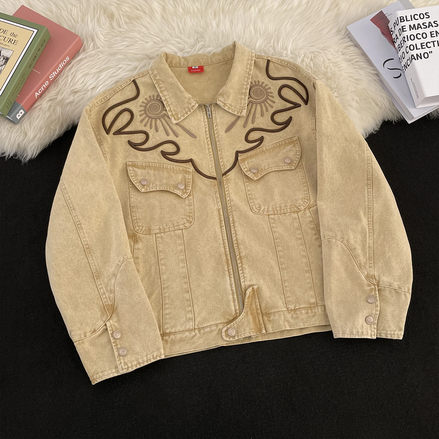 

Waed Denim Jaet Men's High Street Design Vintage Embroidery Loose Fit Spring Autumn Casual Sle Pure Color Zipper Jaet