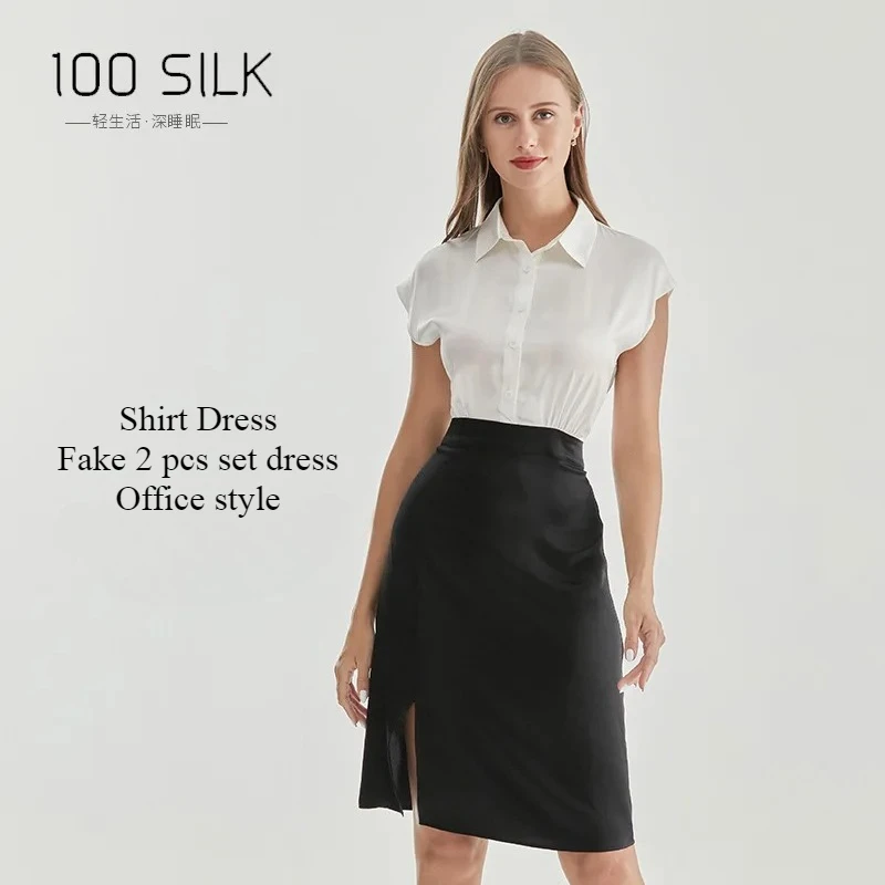 2025 Summer Women's 22 Momme Color-Block Shirt Dress-Sophisticated Black & White Faux Two-Piece Set, Premium Office Dress
