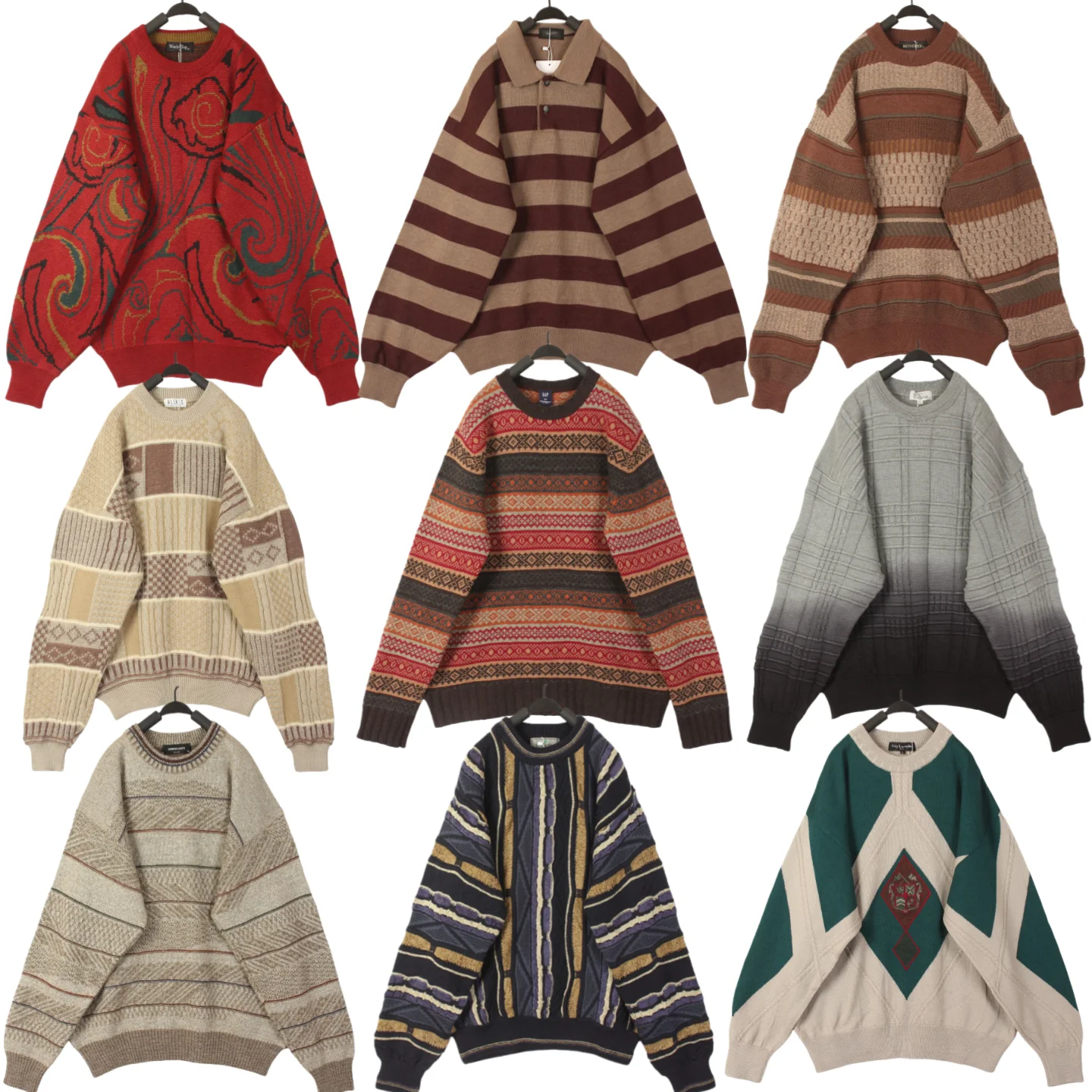 Vintage Loose Fit Wool Sweater Overhead Patterned Totem  Art Color Block Autumn Winter Thickened Unisex Knitwear